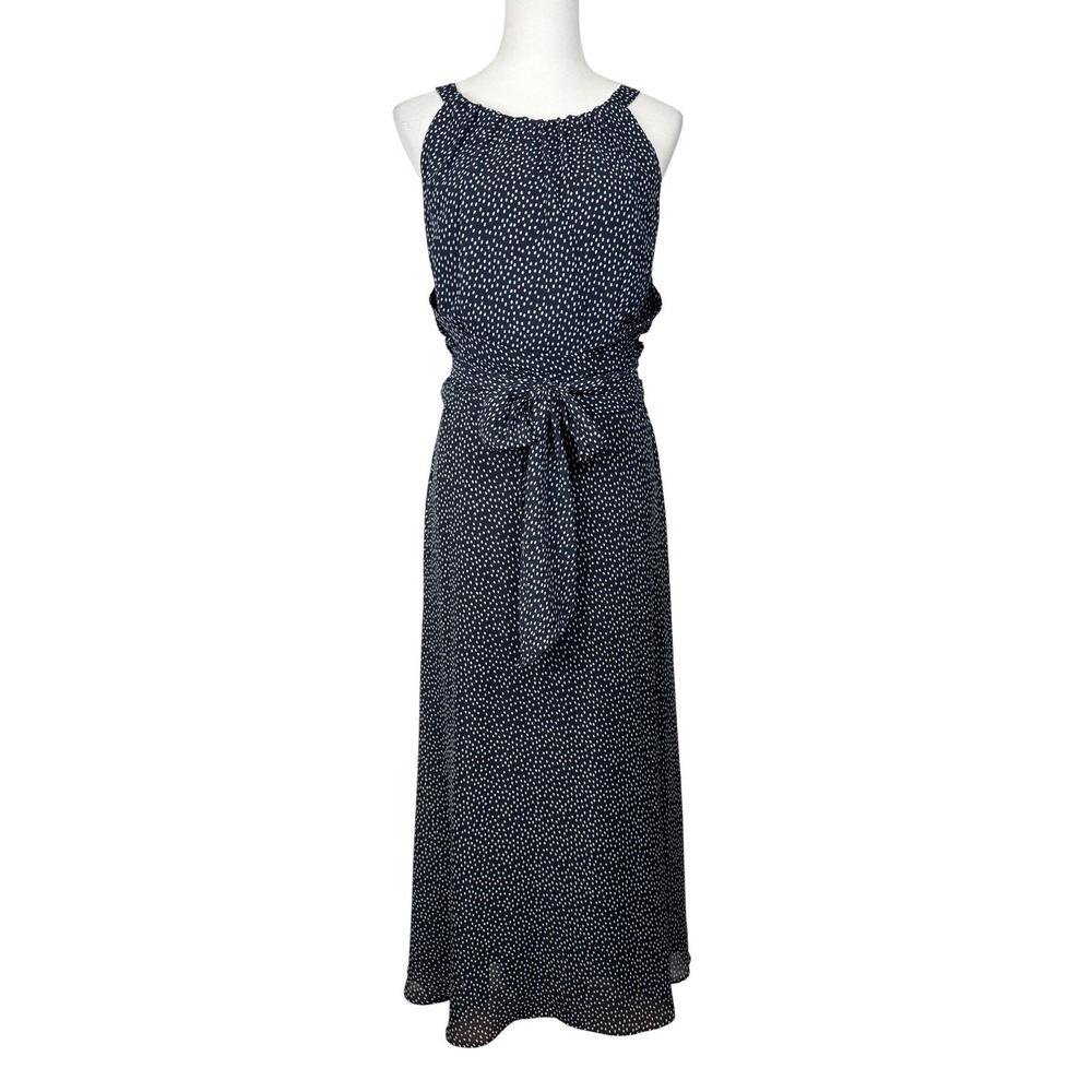 Adrianna Papell Polka Dot Maxi Dress Women 14 Navy Blue Sleeveless Tie